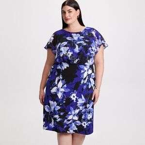 Laura Plus Elegant Black and Blue Garden Party Floral Midi Dress Size US 16